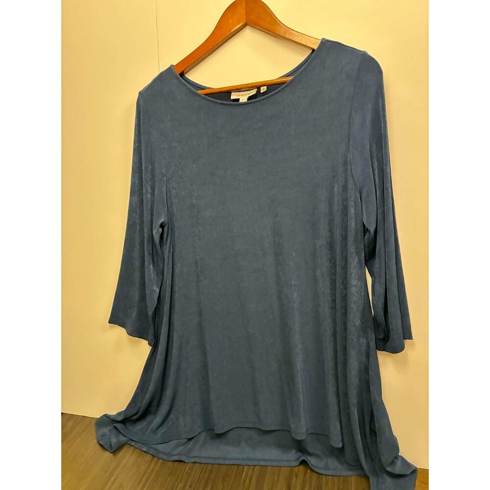 Chico's Travelers Tunic Top Womens SIze 2 Large Blue Long Sleeve Flowy Stretch